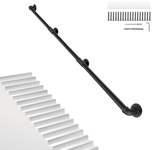 12FT/3.6M Pipe Stair Handrail Metal Railing Staircase Handrails Wall Mount Non-Slip Safety Stair Rail Outdoor Indoor Industrial Pipe Handrail Black Step Baluster Handrail