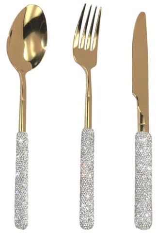 Bestbling 3 Pcs Bling Silverware Cutlery Set Rhinestone Crystal Stainless Steel Kitchenware Dinnerware Utensils, Spoon, Knife, Fork SET for Birthday Bridal Party Gift (Gold)