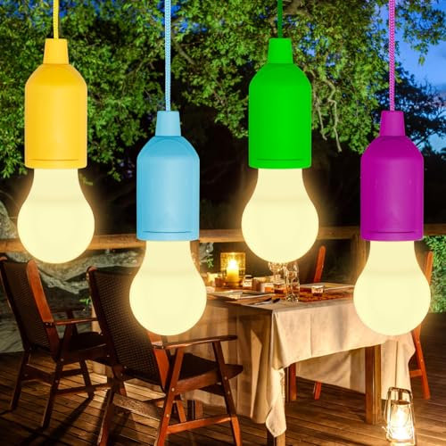 Liuyife 4 Pack Pull Cord Light Bulbs, Battery Operated LED Lights Bulbs, Portable Drawstring Lights for Weddings, Outdoor Events, Camping, Parties, Party Decorations (Warm White)