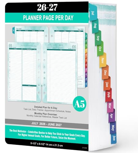2026-2027 Planner Refills - Planner 2026-2027 Daily Weekly and Monthly from July 2026 to June 2027, Planner Refills/Inserts with 7 Punched Holes, Colorful Tabs, Page Per Day, 5.5'' x 8.4''