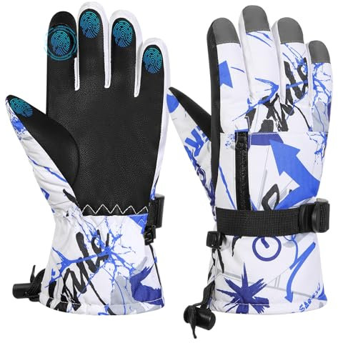 MoKo Skihandschuhe Kinder Wasserdicht, Winterhandschuhe Kinder mit Reißverschlusstasche, Warme Winddichte Handschuhe Kinder 6-11 Jahre, Schneehandschuhe für Snowboard Rodeln Radfahren, Blau, S