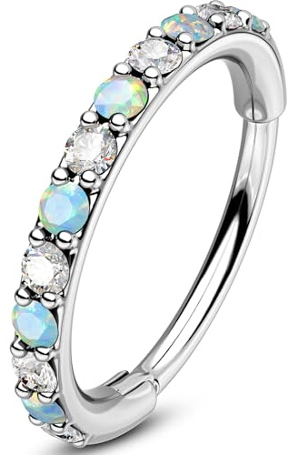 OUFER 20G Segmento a Cerniera Piercing Naso Acciaio Chirurgico 316L Nose Hoop Trasparente CZ e Opale Orecchini Helix Conch Earring Per Le Donna 6 mm