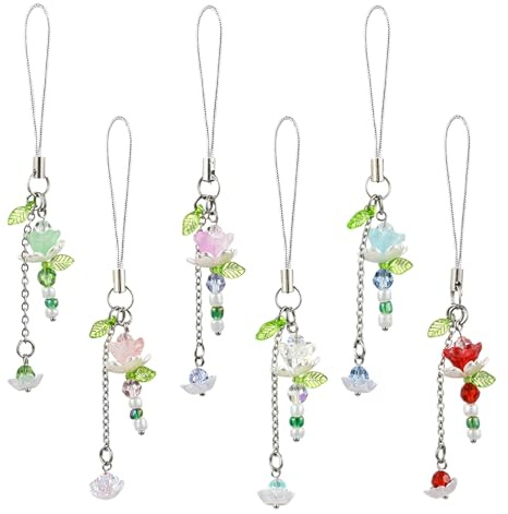 BEEFLYING 6 Pcs Colorful Lotus Flower Mobile Phone Charms Cute Glass Cell Phone Charm Straps Aesthetic Pendants Accessories For Wallets Keychains Bag