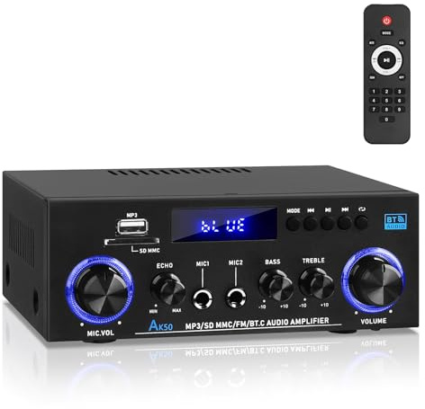 AK50 Amplificateur Hi-Fi avec Bluetooth RMS 60WX2 Amplificateur audio stéréo Récepteur 2.0 Canal Max 400 W Sortie Mini amplificateur de haut-parleur w/FM Radio Echo, Micro, USB, entrée SD pour la
