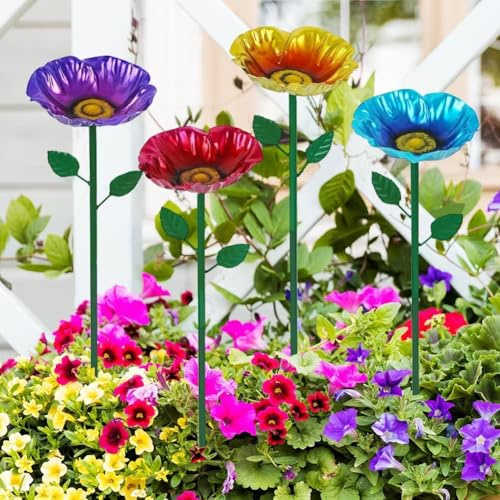 Pali da giardino per esterni con mangiatoie per fiori in metallo, robusto materiale in ferro progettato per l'alimentazione dei colibrì e decorazione da giardino (quattro set)
