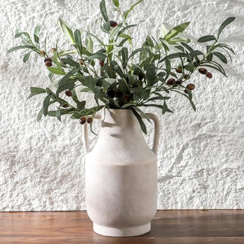 KRYSTHIA Vase à fleurs en céramique avec poignées, grand vase décoratif blanc en terre cuite pour décoration d'intérieur, vases vintage rustiques pour salon, cuisine, chambre, bureau, table basse, 28