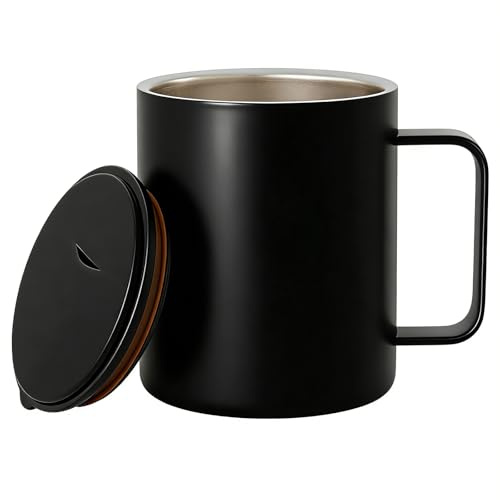 Taza de café térmica de 400 ml, taza de camping, taza térmica de café para llevar, taza de café térmica sin bisfenol A, taza de té de acero inoxidable 316 con asa y tapa deslizante (negro)