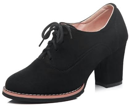 Generico Damen Oxford Pumps Chunky Heel Schnürung Runde Spitze Faux Suede mit Kontrast Besatz Elegante Retro Schuhe Bequem für Alltag und Büro,Nero,35 EU