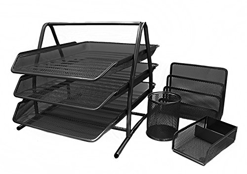 EasyPAG Metall Büro Schreibtisch Organizer 4er-Set, 3 Fächer A4 Dokumentenhalter Aktenablage Zeitschriftenhalter Briefablage Papier Organisator, Stiftköcher, Haftnotizenhalter, Briefständer,Schwarz