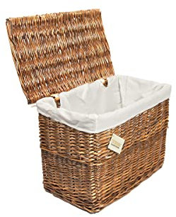woodluv Medium Steamed Willow Wicker Basket W/White Linning Storage Trunk Chest Hamper, Brown, 49 x 32 x 37 cm