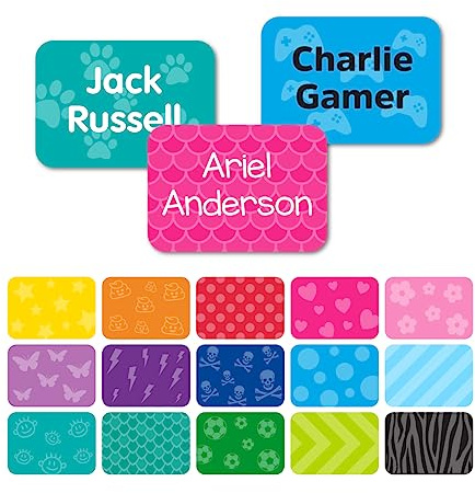 Clothes Name Labels Stick On for Kids School Uniform and Care Homes. Personalised Washable Multipurpose Stickers (60). Range of Background Patterns Available
