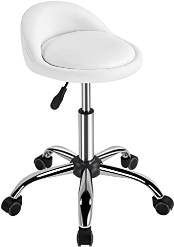 Yaheetech Sgabello Estetista con Ruote Regolabile in Altezza Sedia per Toeletta Trucco Girevole con Schienale Parrucchiere Salone in Ecopelle Bianco