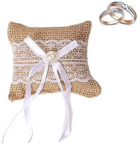 Hochzeit Ringkissen, Hochzeit Ringkissen Vintage, Sackleinen Ehering Kissen, Wedding Ring Pillow, Ringkissen Jute Flower, 10CM X 8CM, Eheringe Brautkissen, für Verlobung, Hochzeit, Bankett