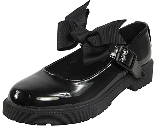LoudLook Ladies Patent Grip Faux Leather Bow Buckle Comfy School Casual School Work Shoes Sizes Black 7