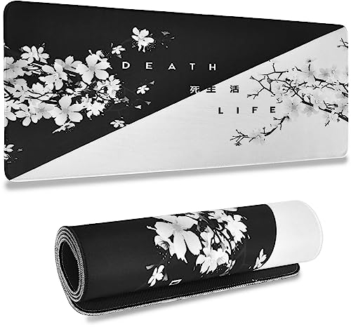 KYSUN Alfombrilla de Ratón Grande para Juegos, Diseño de Cerezo en Blanco y Negro, Alfombrilla Gaming con Bordes Cosidos, Base de Goma Natural Antideslizante Duradera, 300x800x3mm