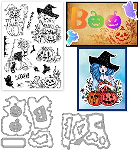 ORIGACH Halloween Hexe klare Stempel und Stanzformen Set für Kartenherstellung, Halloween Kürbis Geist Fledermaus Silikonstempel und Stanzschablonen für DIY Scrapbooking Handwerk Grußkarte Dekor