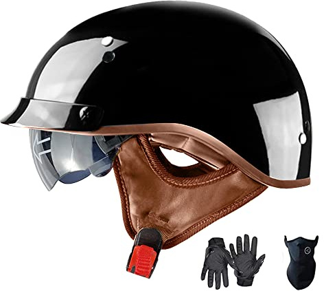 Motorcycle Half Helmet with Retractable Inner Sun Shade Quick Release Buckle DOT Approved Half Face Cycling Helmets for Men Women Adult(Glossy Black,Large)