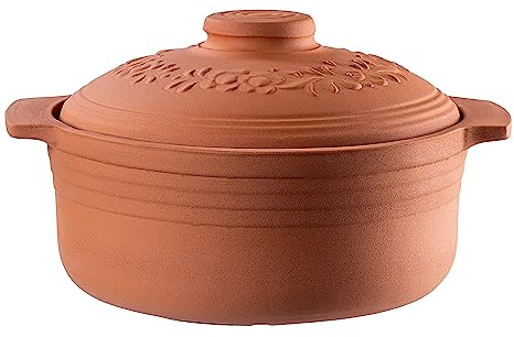 KADAX Cocotte en argile avec couvercle pour micro-ondes et four, cuiseur vapeur en matériaux naturels, plat à gratin pour une cuisson sans graisse, cocotte ronde (4 l), K8756