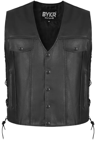 BYKR Chaleco de cuero para motocicleta para hombres y mujeres, chalecos de motociclista para uso diario, club de equitación de motocicleta, multiusos con lados ajustables, Negro -, Large