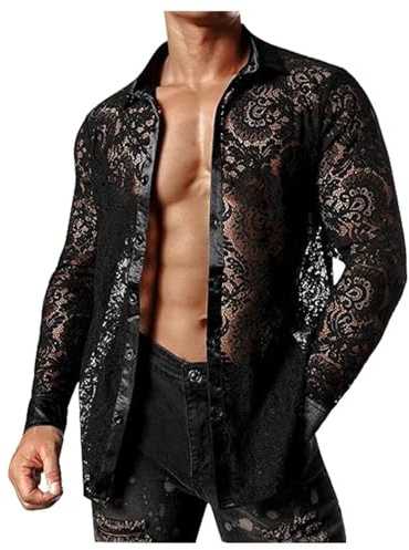 WAZHAKU Chemise Transparente pour Homme, Col Retourné, Manches Longues, Dentelle, Button Down, Chemises de Loisirs pour Homme, Party, Transparent, pour Nightclub, Scène, Chemise à Fleurs en Dentelle