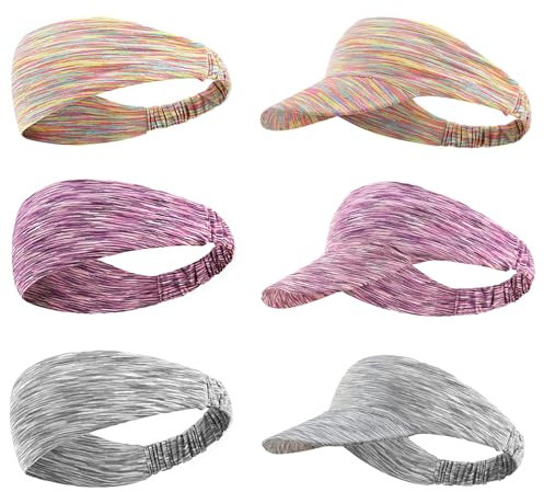 Sunch Craft Lot de 3 visières de sport et 3 bandeaux d'entraînement pour femme, élastiques et pliables pour fitness, course à pied, tennis, golf, plage, Arc-en-ciel gris violet, taille unique