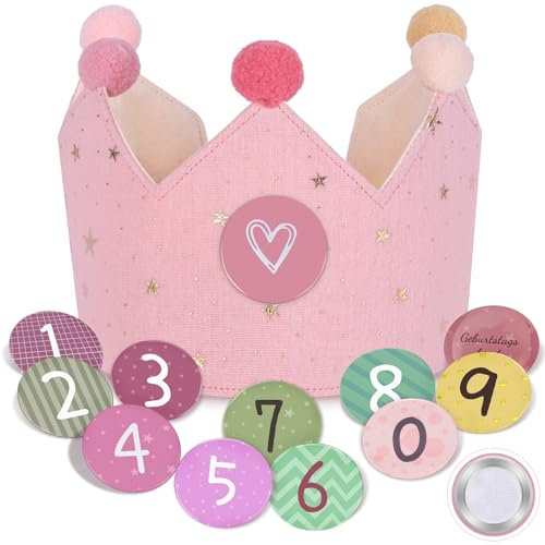 Thedttoy Wendbare Geburtstagskrone für Mädchen, Klettknöpfe mit Zahlen 0 bis 9, wiederverwendbare Geburtstagskrone, Partydekoration, Hüte, Musselin-Krone