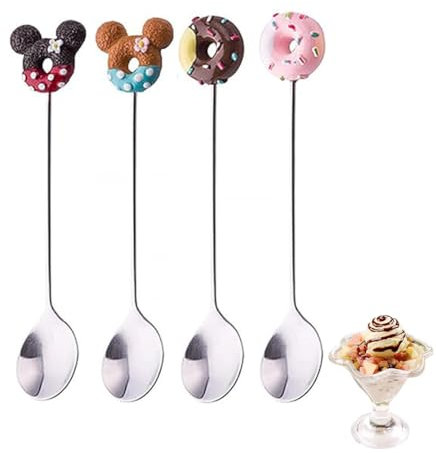 GXGM Löffel Set niedlich, Kaffeelöffel aus Edelstahl Donuts und Karikatur Maus Form Löffel für Durable Dessertlöffel Tee Milchshake Kaltgetränk Kaffeelöffel, 4 Stück