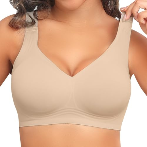 PoseFree Jelly Wireless Bra for Women Plus Size, Older Women - Full Coverage with Full Support & Lift - No Underwire, Back Smoothing, Soft Comfort Everyday Bra (Nude, XL)