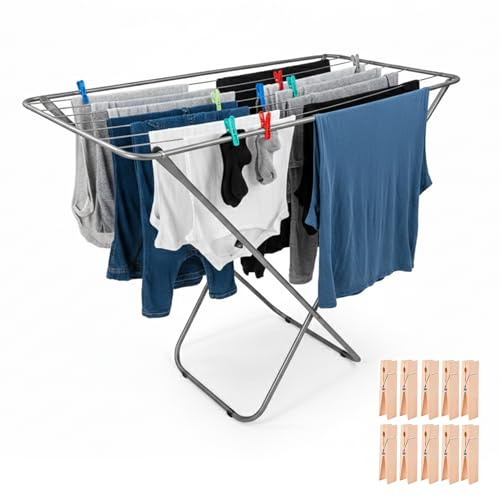 HERSIG - Tendedero Plegable - Tendedero de Ropa - Tendederos Interiores Plegables - Apto para Exteriores 10 Metros de Tendido - Conteras Antideslizantes y Montaje Sencillo- Hierro - Color Gris - 10m