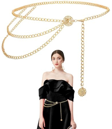 ZWWOGE Cadena Cinturon Mujer Dorado Plateado Cinturón de Cadena de Cadera Cadena Cintura de Metal Fino Cinturón Fiesta Moda Cinturon Metalico Niña Cinturones Ajustable Chain Belt para Vestido,Jeans