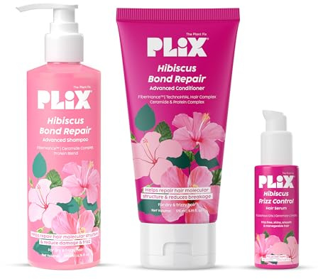PLIX Hibiskus hårvårdsset | Frizz Control Serum 50 ml, Bond Repair Shampoo 200 ml & balsam 175 ml | 3X styrka och jämnhet med fiberhance - 3-pack