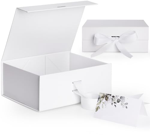 Scatola Regalo con Coperchio Bianco,GeeRic 22*16*8.8CM Scatola Regalo Fiocco+Biglietto Auguri Scatola Pieghevole Chiusura Magnetica Riutilizzabile Lusso Classica Confezione a Compleanno/Nozze/Natale