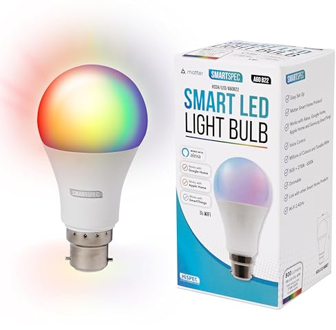 SMARTSPEC Smart Bulb, Smart WiFi LED Light. Works with Amazon Alexa, Google Home, Apple Home. Colour Changeable. Multicolour Smart Light Bulb NUUK-A60 ACK Matter B22.