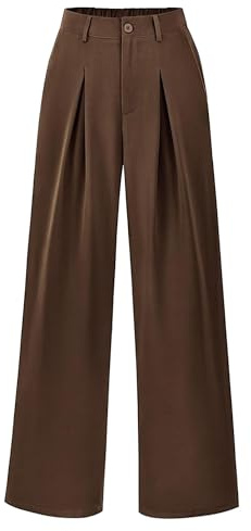 RegaliaKun, Pantalon Palazzo taille haute pour femme avec jambe large décontractée, boutons, ample, pour le travail, bureau, costume d'affaires, avec poches, marron foncé, M