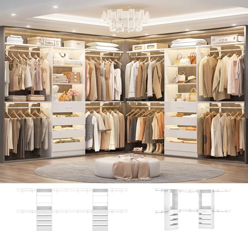 Aheaplus Closet System with Drawers Set of 2, Wood Closet Organizer System with 8 Hanging Rods & Top Shelves, Walk-in Closets Organizer Wardrobe Clothes Rack System, Cut Fits Spaces 4-9FT. Wide, White