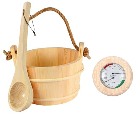 perfk Ensemble seau et louche pour sauna, accessoires de spa pour sauna, résistant à l'usure, portable avec poignée et -hygromètre, seau en bois