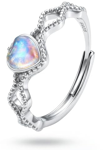 KRFY Adjustable Moonstone Rings for Women 925 Sterling Silver Thumb Rings for Women White Gold Plated Heart Mood Ring Moonstone Promise Ring Jewellery Gifts for Her with Box