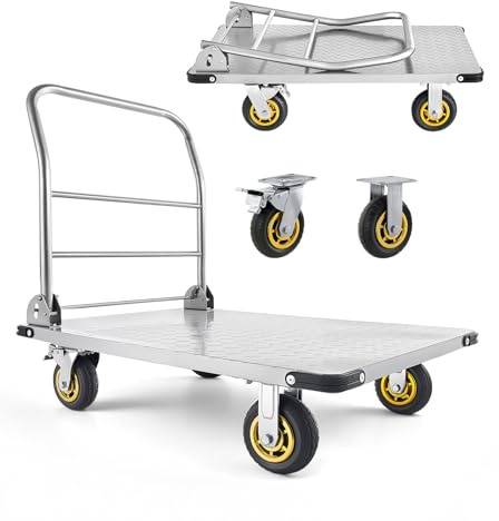 VEVOR Heavy Duty Platform Truck, 2000 LBS Steel Large Flatbed Cart with 360° Swivel Wheels & Brakes, Foldable Platform Hand Push Truck Dolly for Easy Storag/Groceries/Garage/Warehouse (36 X 24)