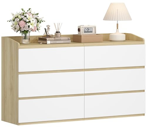 Hzuaneri Cómoda, Cajonera Dormitorio de 6 Cajones, Armario Auxiliar con Superficie de Trabajo, Estilo Moderno, para Salón, Dormitorio, Pasillo, 40 x 138 x 84 cm, Blanco-Roble DC32631X