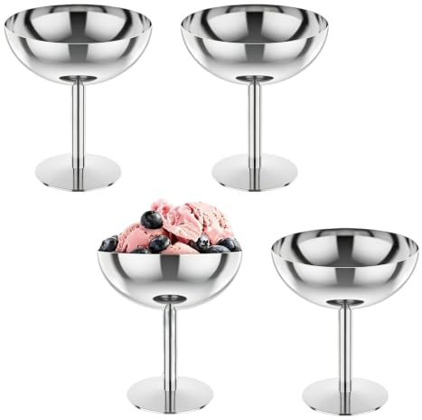 DBAATTZ 4 Stück Eisbecher, Eisschalen Eiscreme Dessertgläser mit Hohe Fuß, Dessertgläser mit Fuß zum Servieren von Eis, Pudding und Obst, Dessertschalen aus 304 Edelstahl in Silber