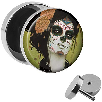 Treuheld | Ohrstecker zum Schrauben - La Catrina - grün-weiß - Motiv Fake-Plug Ø 10mm Silber - Edel-Stahl Ohr-Ringe - Chirurgen-Stahl 316L Fake-Tunnel - Gewinde Ohr-Stecker - Tag der Toten mexiko