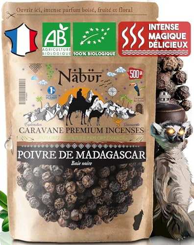 500gr Poivre Noir BIO de Madagascar, Haute Qualité Prima+, Poivre en grain, Note Florale, Boisé, Fruité, de Nabür