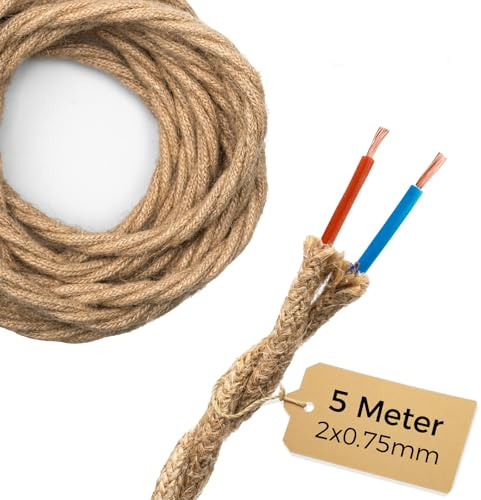 DiCUNO 5 Metri di cavo tessile in lino vintage, Cavo elettrico in tessuto flessibile a 2 conduttori da 0,75 mm² retrò, Corda intrecciata industriale per appendere e progetto fai-da-te