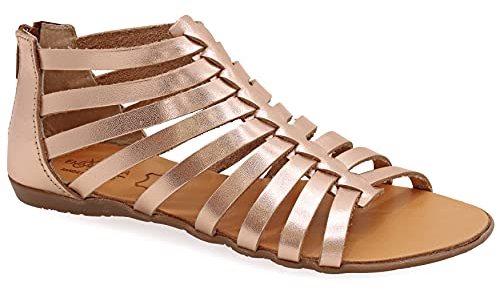 Size 4 Rose Gold Emmanuela Ancient Greek Style Anlkle High Leather Sandals, Handmade Gladiator Sandals, Quality Strappy Summer Shoes with Rear Zipper at Shaft, Boho Open Toe Sandals
