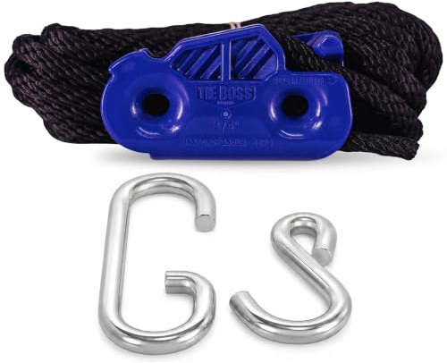 Tie Boss - 1/4 Inch, Medium Duty, (150 lbs Working Load Limit), Weather Resistant, Tie Down, Rope Tightening System, (w/15 ft Rope) (Pack of 1) (Blue)