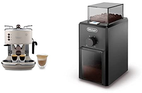 DELONGHI Vintage Icona Traditionnelle Barista Pompe Espresso Machine, Crème & KG79 Moulin à Café Electrique, Broyeur pour Grains de Café avec Réservoir d'une Capacité de 120 g, 110 W, Noir