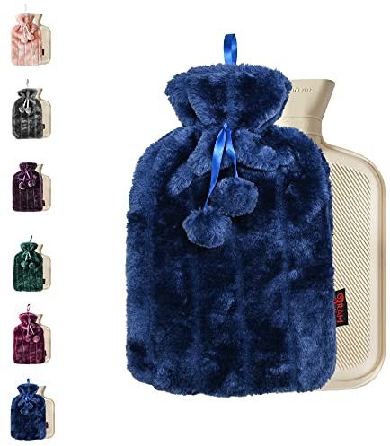 Ram® 2 Litre Cosy Navy Blue Luxury Hot Water Bottle with Faux Fur Cover and Pom Poms Blue