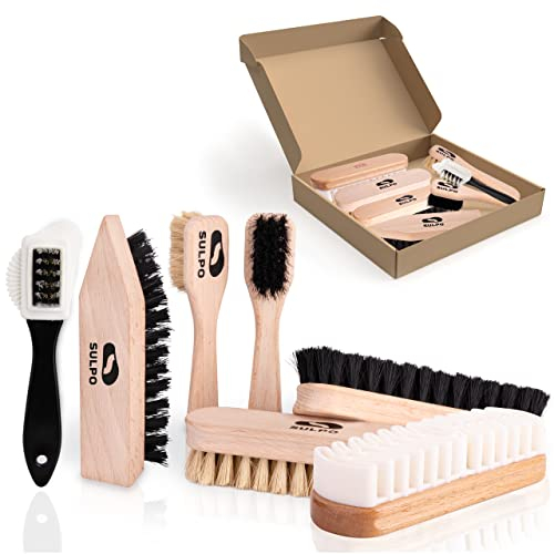 SULPO 7-Piece Shoe Polish Kit With Leather Cleaning Tools - 2 Soft Bristle Brushes, 2 Polishing, 1 Dirt, 1 Brass and Nylon Bristle, 1 Crepe Brush for Nubuck Leather