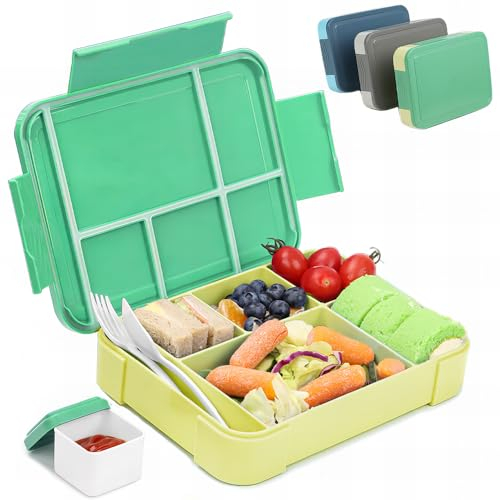 Bugucat Bento Lunch Box 1330ML,kids Lunch Box Bento Boxes with 6 Compartments Cutlery,Leak Proof Lunchbox Snack Boxes for Kids Adult,Kids Lunch Box with Compartments for School Kindergarten Dgreen