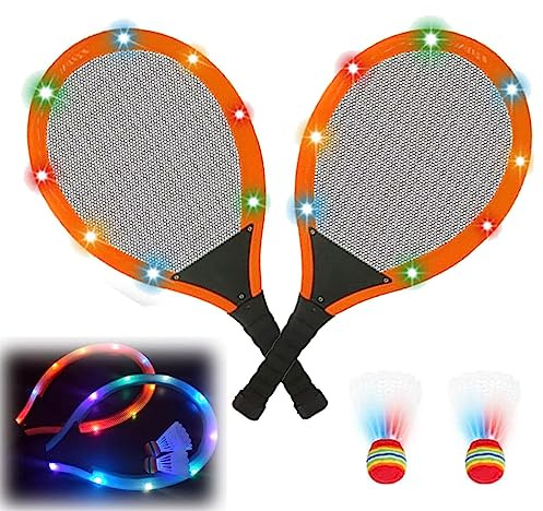 Led Light-Up Badminton Racket Set, Oversized Goose Feather Shuttlecocks for Adolescent Adults Outdoor & Indoor Sports Activities Sport,Glow in The Dark to Illuminate Badminton